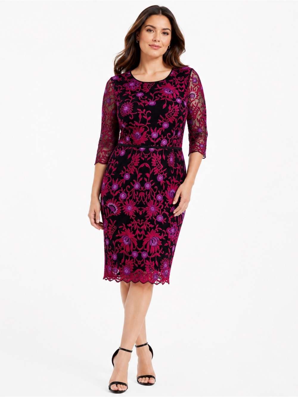 Adrianna Papell Embroidered Floral Mesh Sheath Dress Size 8 Magenta & Black